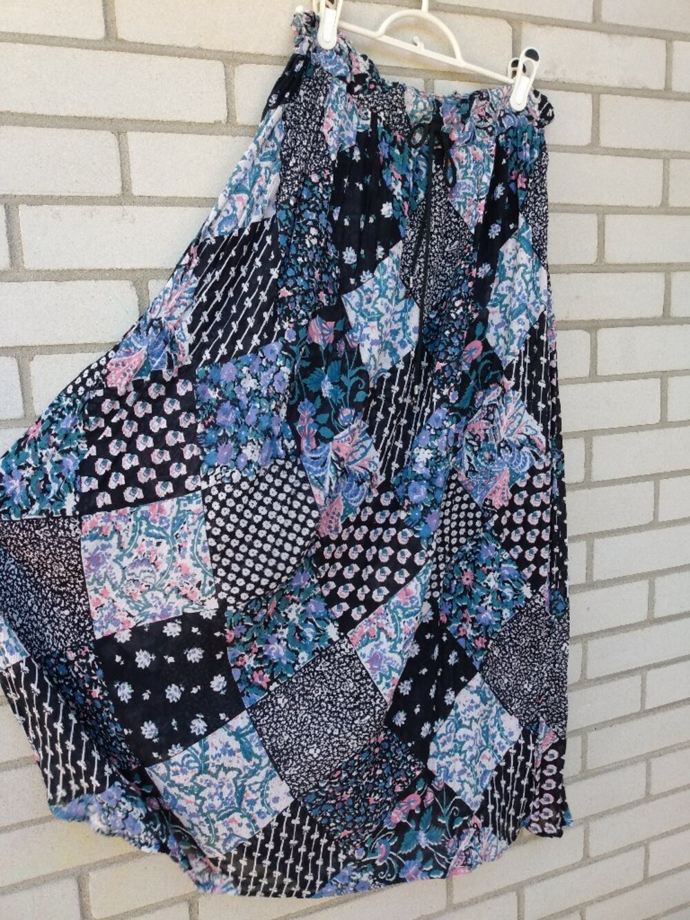 Vintage Peasant Skirt Blue Patchwork Print Rayon Broomstick Hippie Boho